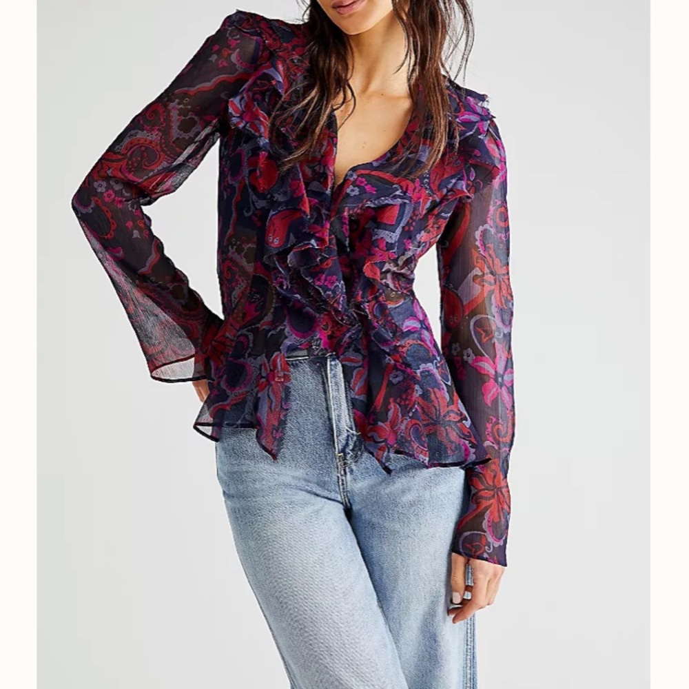 BNWOT Free People the groove printed top, chiffon like button up